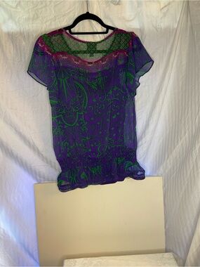 Nicole Purple & Green Sheer Floral Blouse Size S